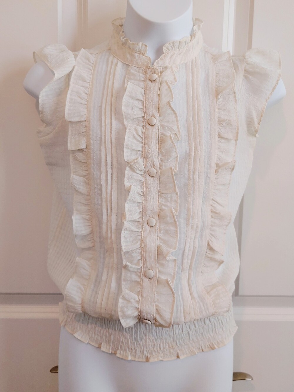 Ivory Cream Semi-Sheer Ruffle Blouse - Picture 2 of 6